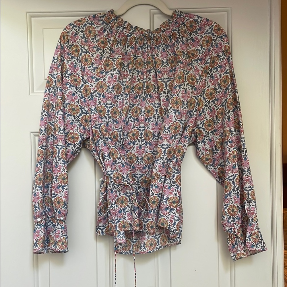 J. Crew Liberty of London Pink and Blue Smocked Tie Front Blouse